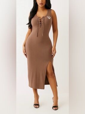 True Religion Beige Lace-Up Tank Maxi Dress Women M